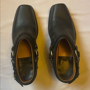 Frye Black Leather Harness Mules